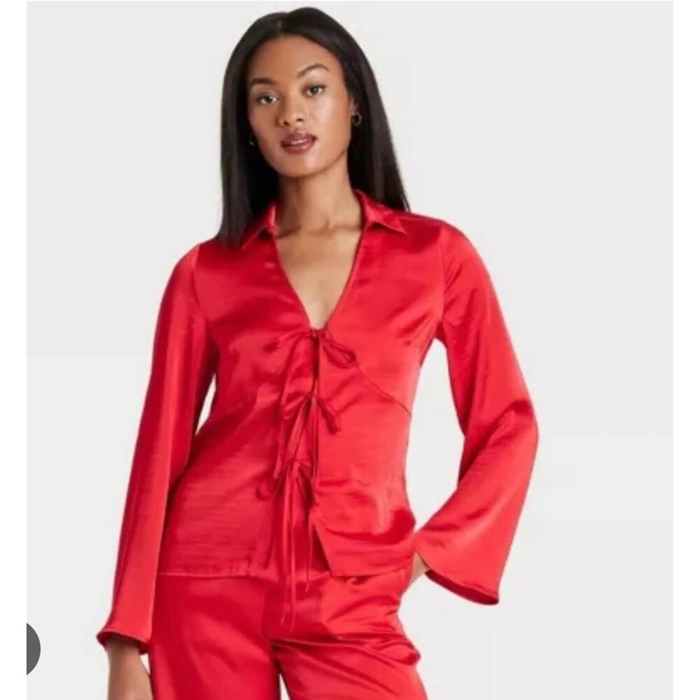 New A New Day Women's Red Satin Collared Tie Blouse with Bell Sleeves XXL